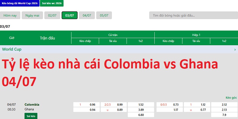 Tỷ lệ kèo nhà cái Colombia vs Ghana 04/07