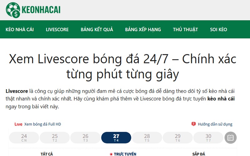 Xem Livescore bóng đá 24/7 – Chính xác từng phút từng giây Xem livescore keonhacai cập nhật từng phút